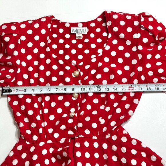 Vtg 80s MENU Polka Dot Peplum Blouse Puff Sleeves Sweetheart Red White Office - Picture 9 of 13